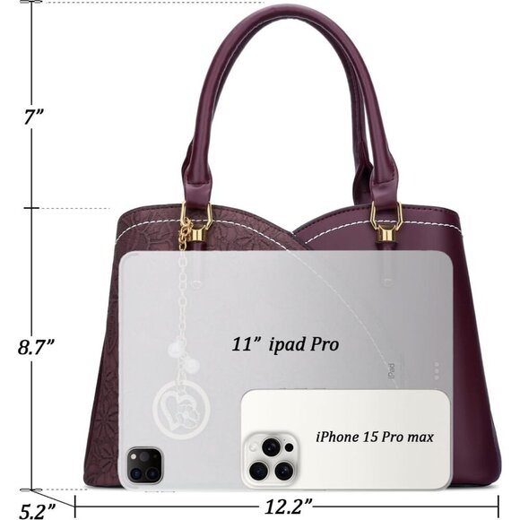 Women’s Wine Triple Compartment Satchel Fashion Top Handle Shoulder Bag - Picture 5 of 6